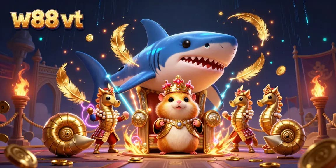 Hình ảnh w88 vt với vua hamster vàng và ngựa biển bảo vệ trong không gian cá cược sống động.
