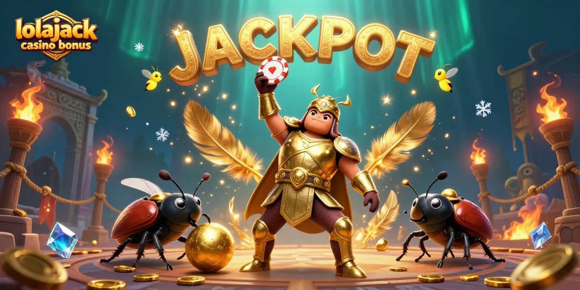 Feel the thrill of the lolajack casino bonus with a heroic beetle lifting a poker chip amidst magical winnings.