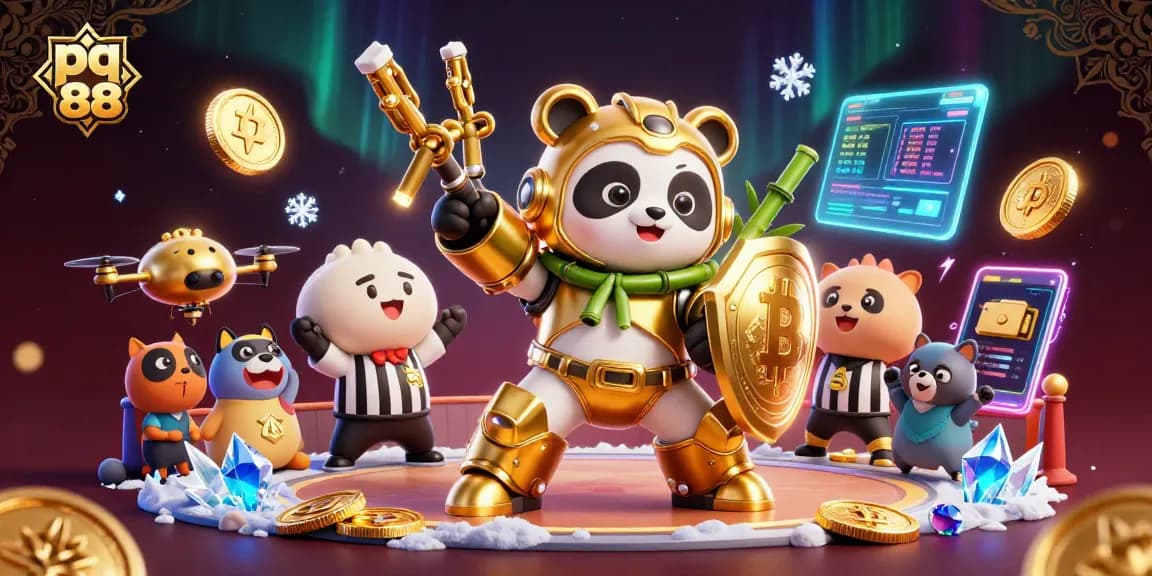Engage in pq 88 gaming excitement with a dynamic arena scene featuring a golden panda and crypto elements.