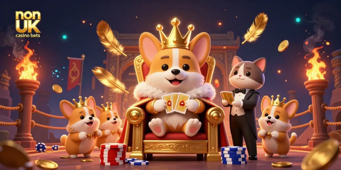 Experience non UK casino bets with a royal corgi on poker chips and a cat butler.