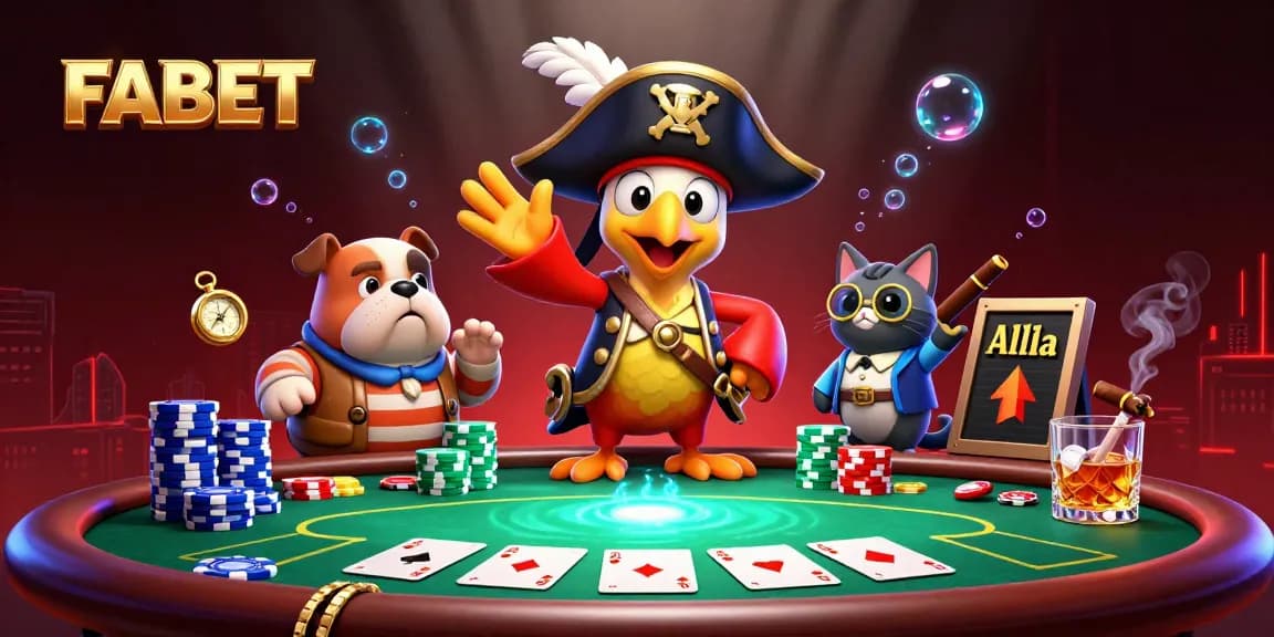 FABET pirates' poker showdown with colorful chips and card hands in a vibrant digital scene.