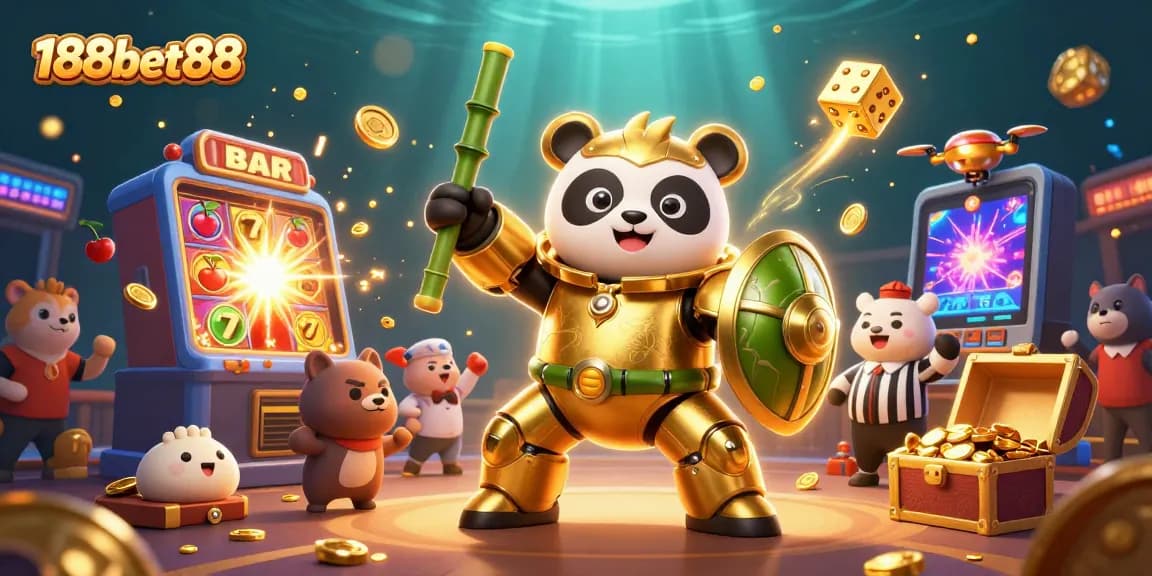 Witness the excitement of 188bet88 with a golden panda in a mech-suit battling in a lively casino arena.