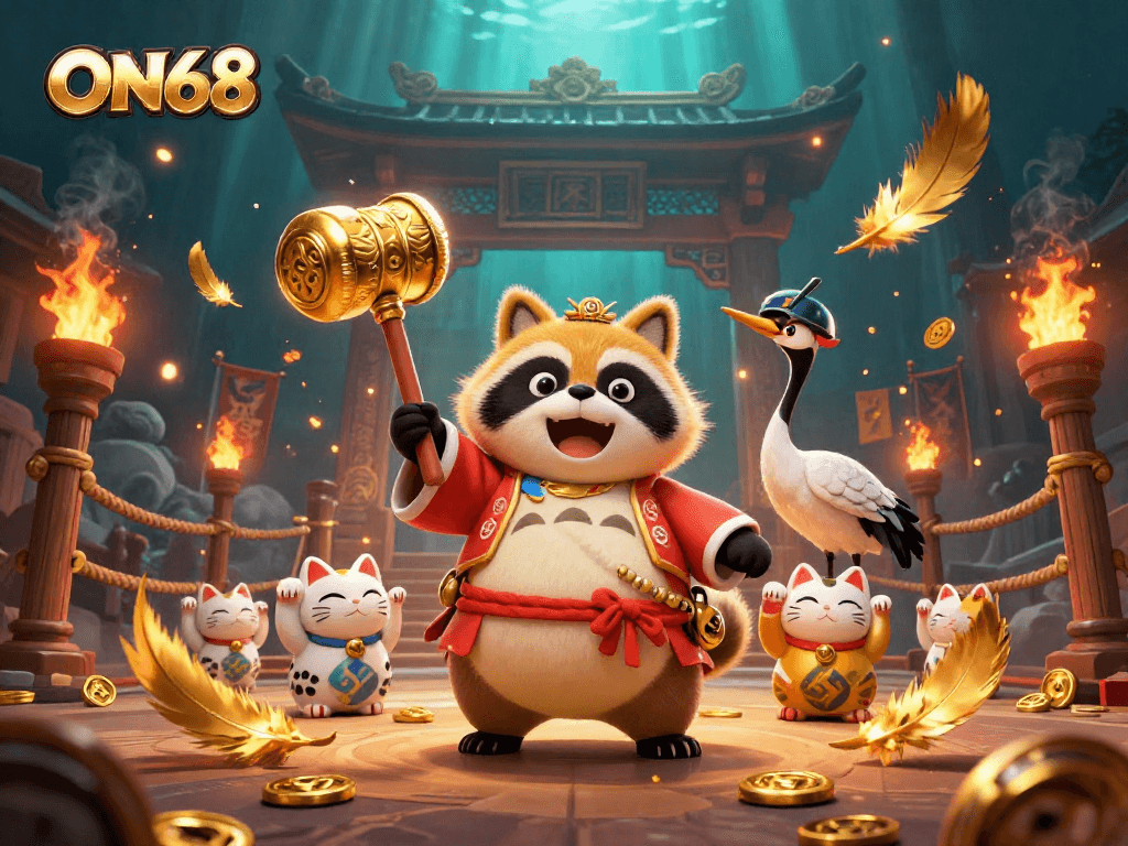Engage with ON68's vibrant casino scene featuring a cheerful tanuki and colorful fortune cats.