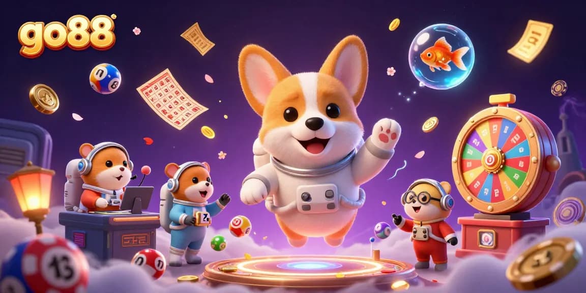 Experience gameplay excitement with go88, featuring a vibrant 3D space station casino scene filled with whimsical characters and dynamic elements.