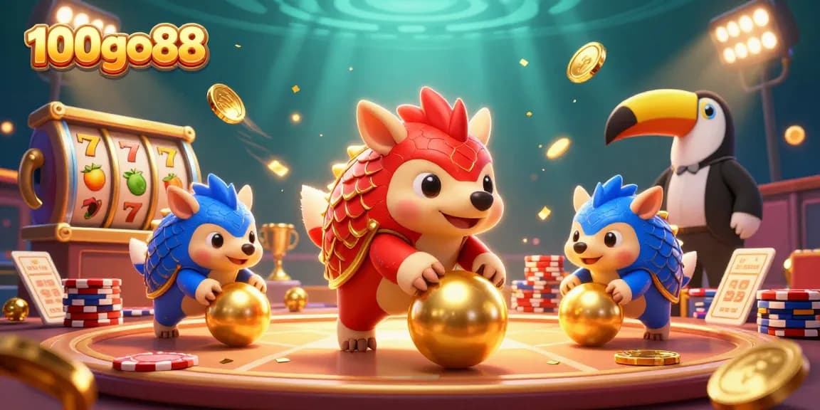 Experience thrilling gameplay on 100go88 with dynamic pangolins rolling golden balls amid overflowing casino riches.