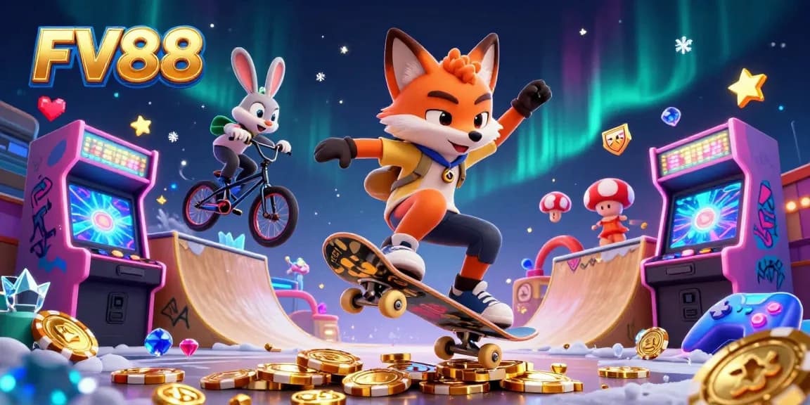 Engage with the exciting FV88 gaming experience featuring 3D cartoon characters enjoying dynamic casino action.