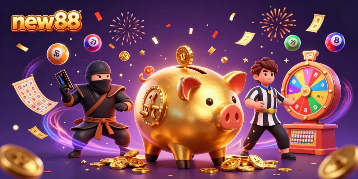 Experience thrilling gaming action with new88's vibrant casino illustration of winning moments and exciting gameplay