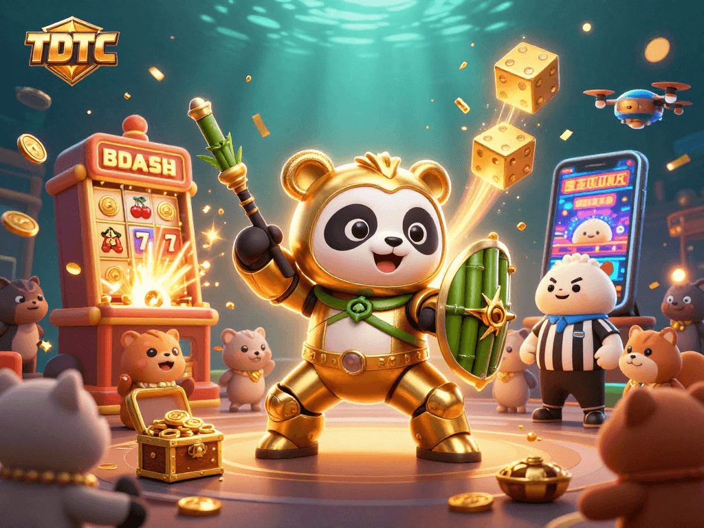 Experience thrilling TDTC action with a mech-panda pilot in a vibrant casino arena.