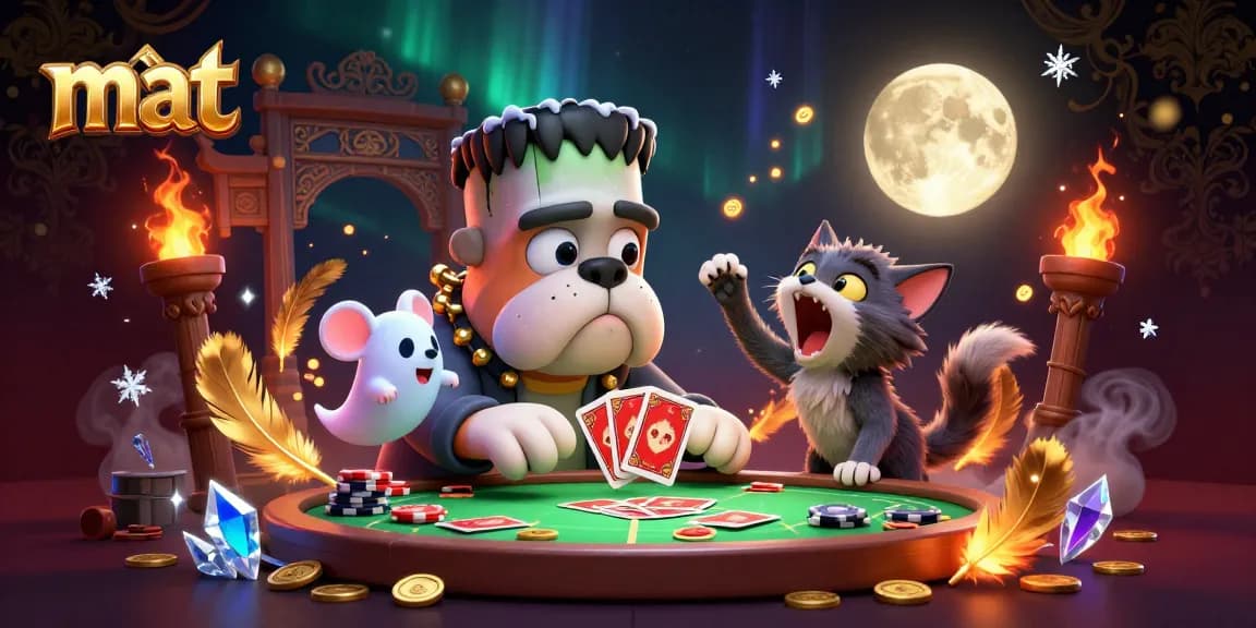 Experience thrilling gambling excitement with mat in a lively casino scene featuring spooky characters.