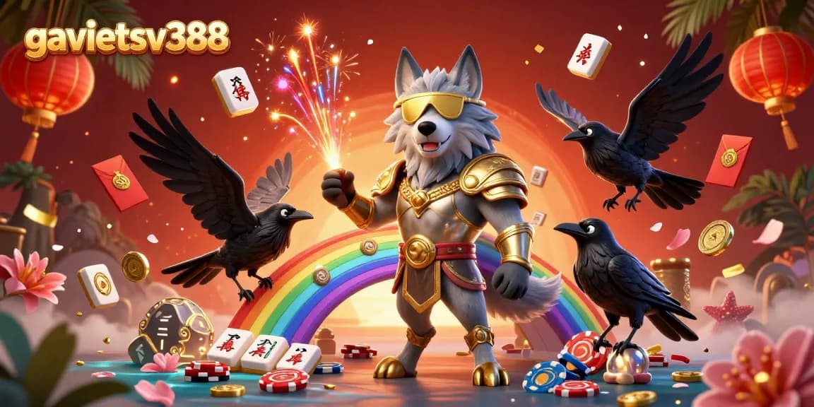 Experience the excitement of playing at gavietsv388 with a dynamic illustration depicting a Norwegian mythological wolf and ravens in a casino chip world.