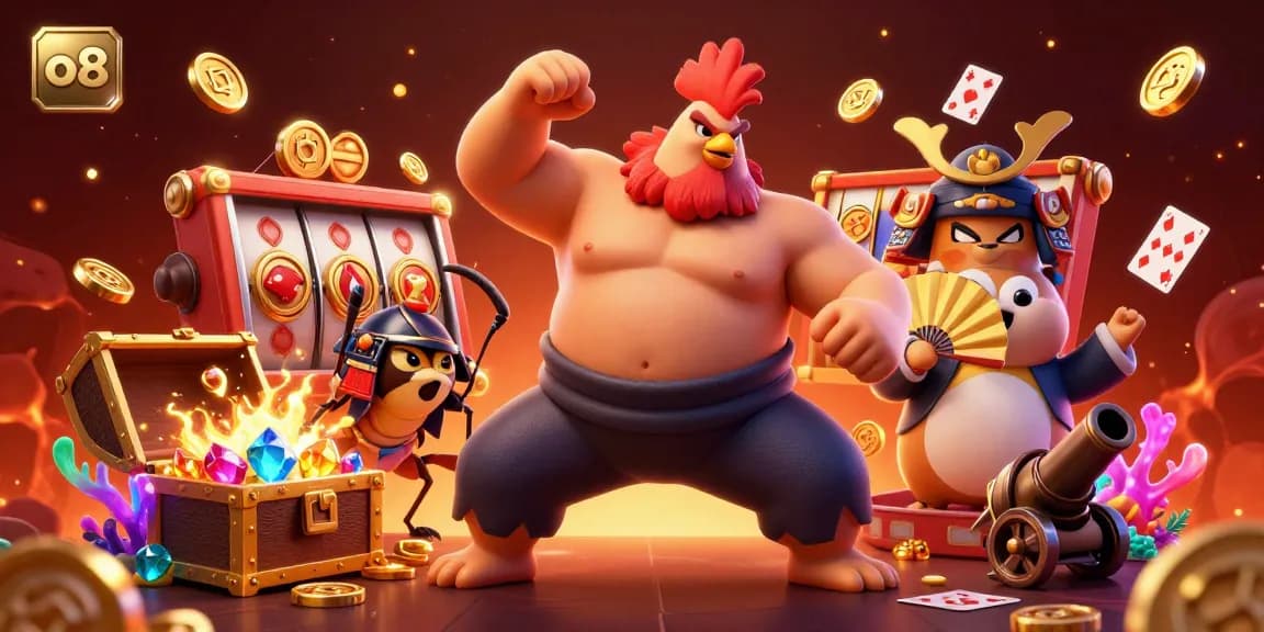 Experience the exciting world of o8 as the powerful sumo wrestler rooster, fierce samurai cricket, and tanuki announcer engage in dynamic casino gameplay.