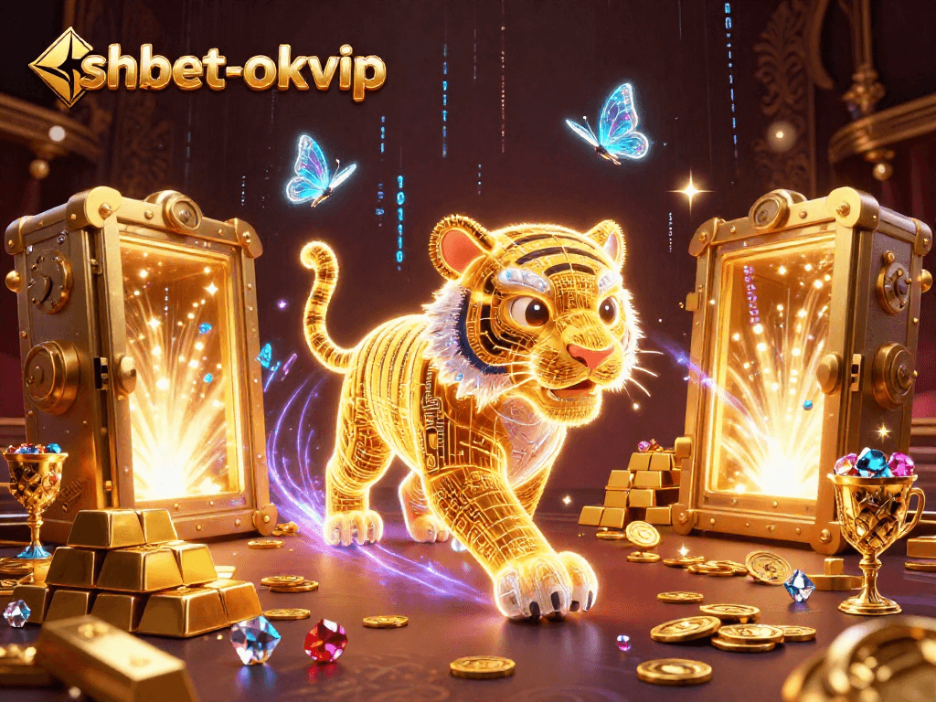 shbet-okvip engages players in a vibrant casino scene with a golden tiger and sparkling treasures.