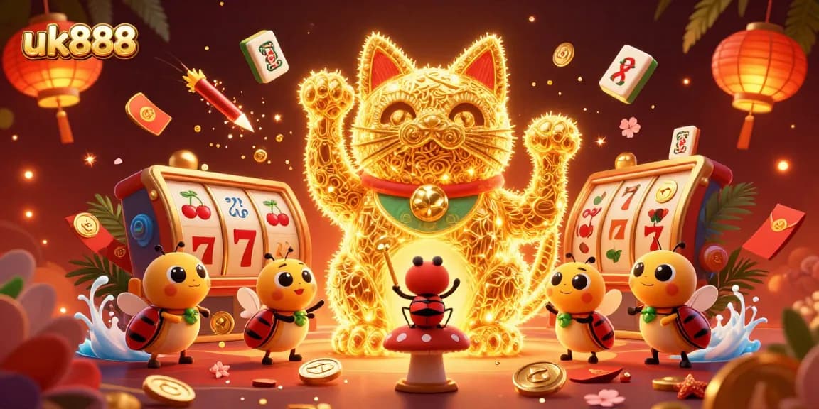 Experience vibrant gaming with uk888's colorful lucky cat and dynamic slot elements.