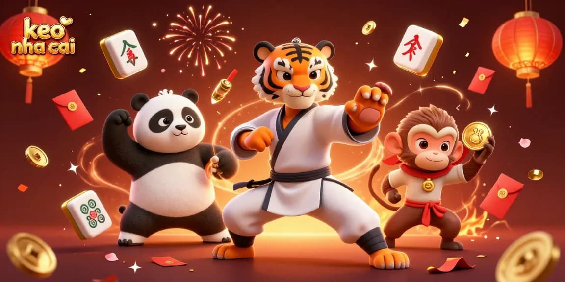 Engage with keo nha cai as cartoon characters celebrate with games and golden rewards in a vibrant casino scene.