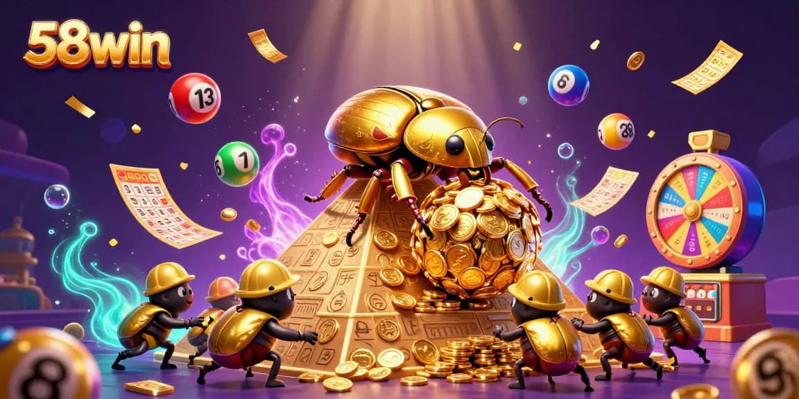 58win thrills with a dynamic scene of golden beetles rolling coins, vibrant game elements raining around.