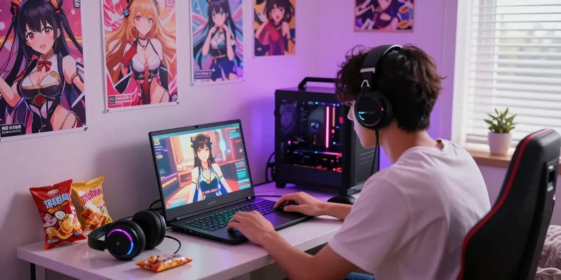Enjoy an immersive free hentai game experience in a cozy gaming room filled with vibrant character posters.