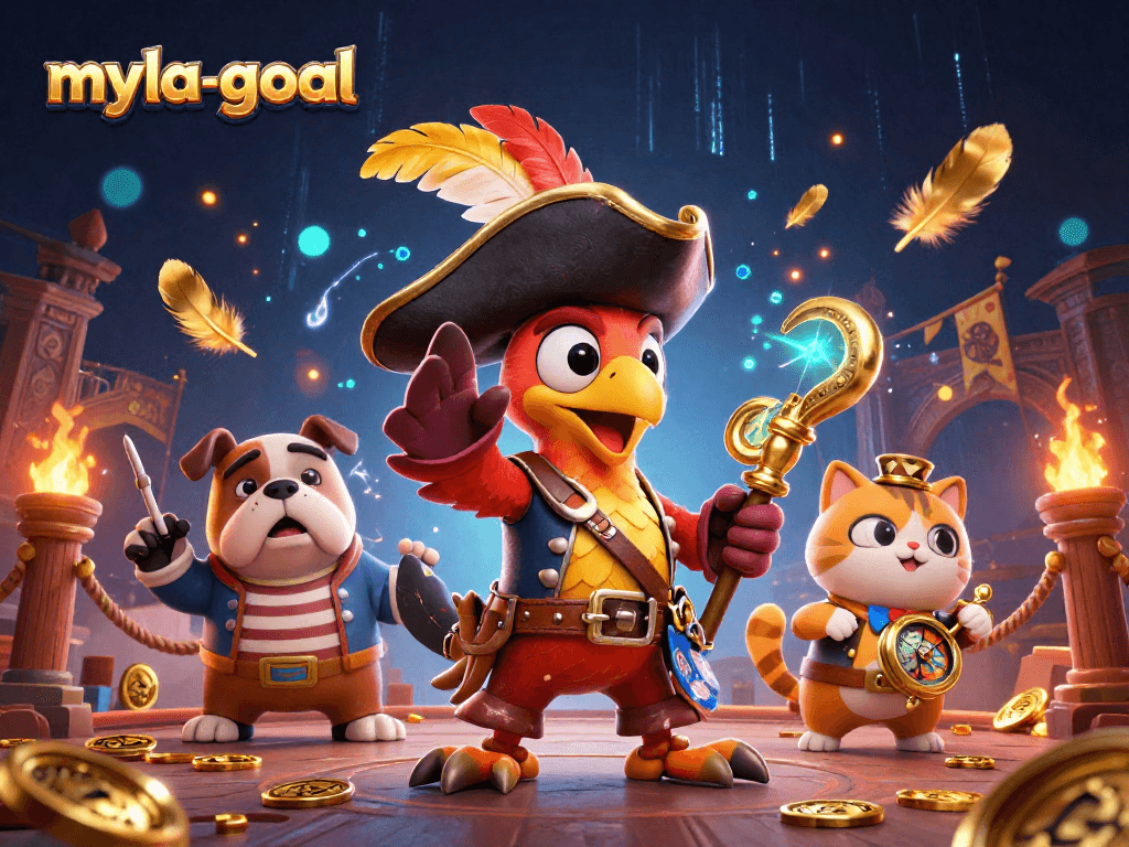 Gamblers experience thrilling action with myla-goal's vibrant 3D cartoon scene, featuring pirate captain, bulldog, and cat navigator