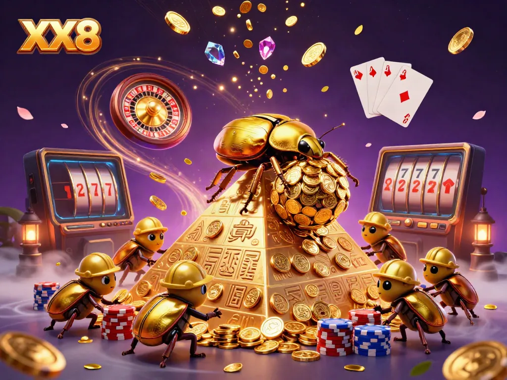 Experience the vibrant XX8 casino illustration showcasing a golden beetle with coins and gaming symbols.