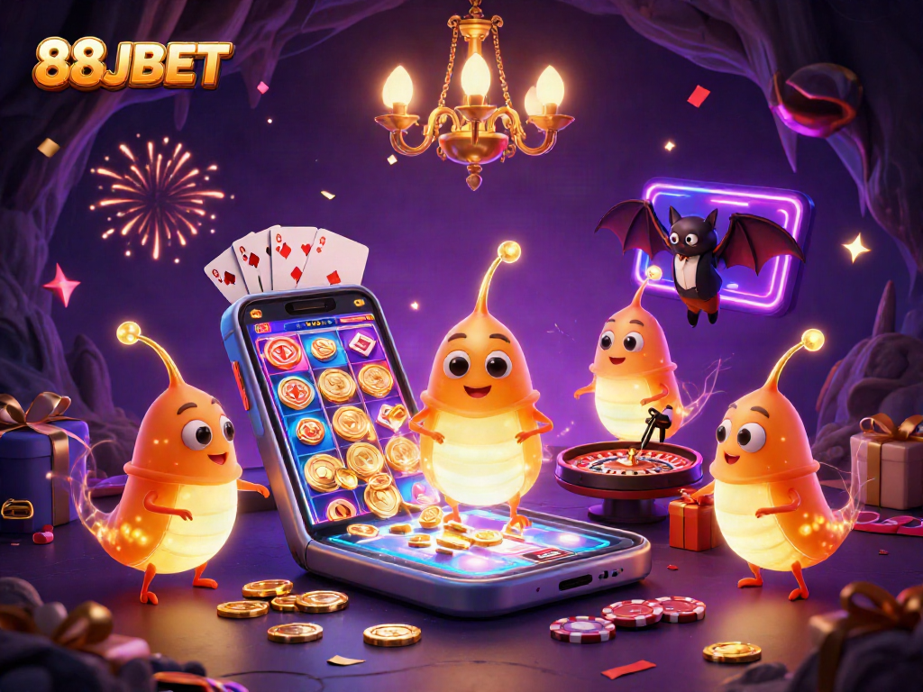 Experience excitement at 88JBET with glowworms illuminating a vibrant casino scene.