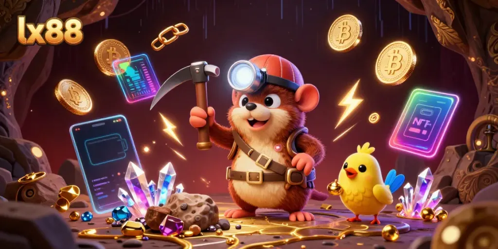 Engage in thrilling gameplay at lx88's dynamic casino with vibrant characters and glowing treasures.