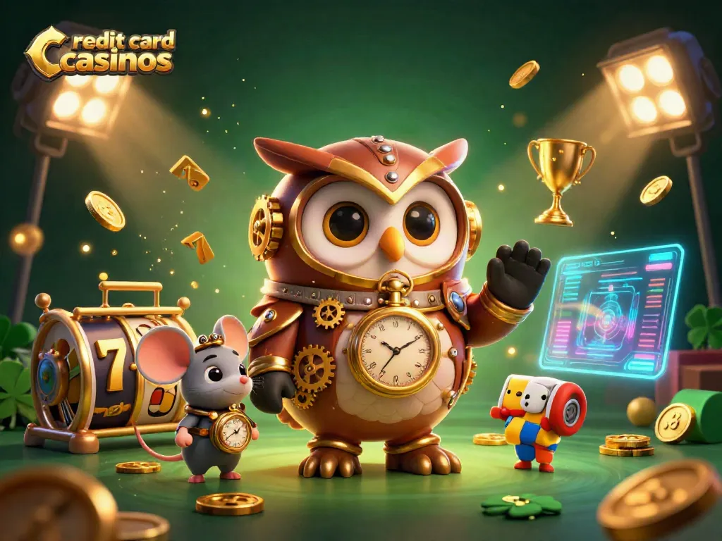 Engage with credit card casinos featuring a whimsical owl and mouse in a vibrant casino scene.