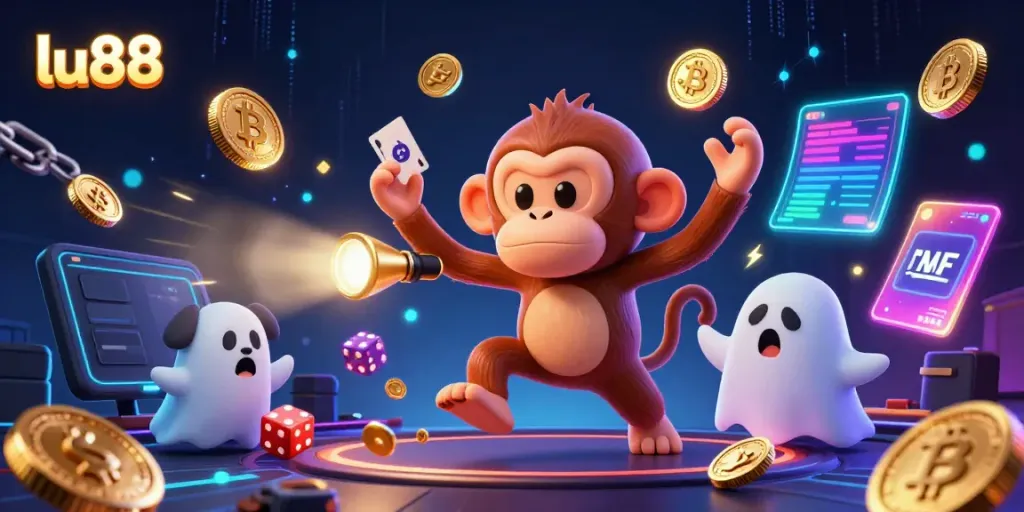 Experience thrilling action at lu88 with a playful monkey juggling coins in a vibrant haunted casino scene.