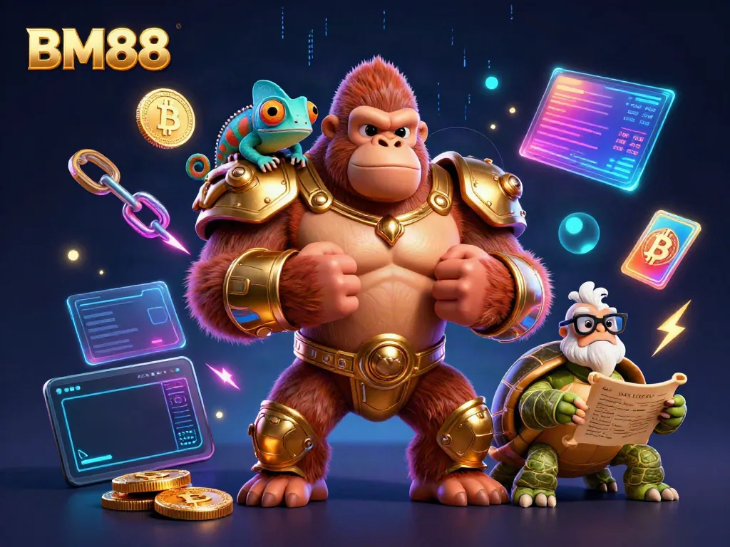 Join BM88 for thrilling online casino games featuring vibrant characters and glowing crypto elements.