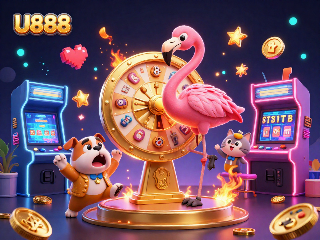 Experience thrilling casino events with U888 featuring game show hosts and colorful gaming elements.