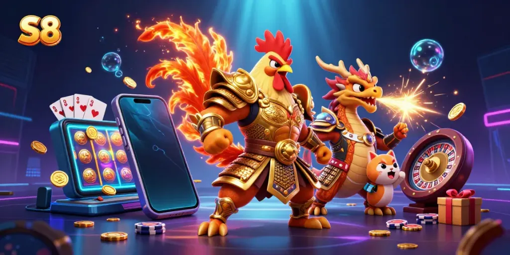 Experience the excitement of S8 with a dynamic scene featuring a rooster warrior, dragon hatchling, and a fortune cat amidst vibrant gambling elements.