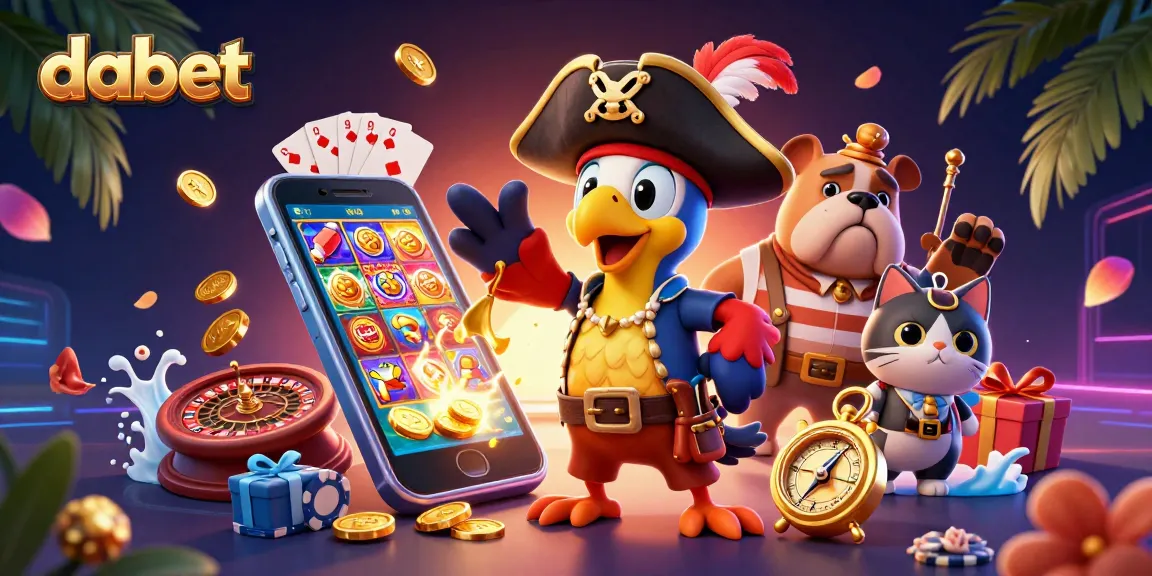 Dabet engages players with vibrant 3D pirate-themed casino elements, including slots and blackjack, amidst a colorful scene.