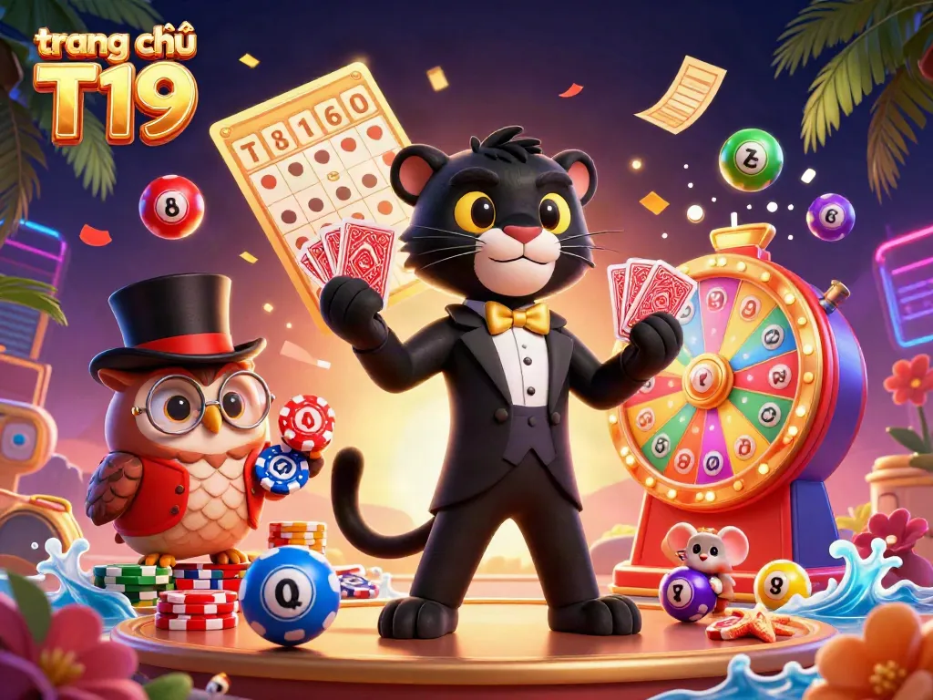 Engage with the vibrant atmosphere of trang chủ T19, featuring a black panther and friends celebrating in a casino.