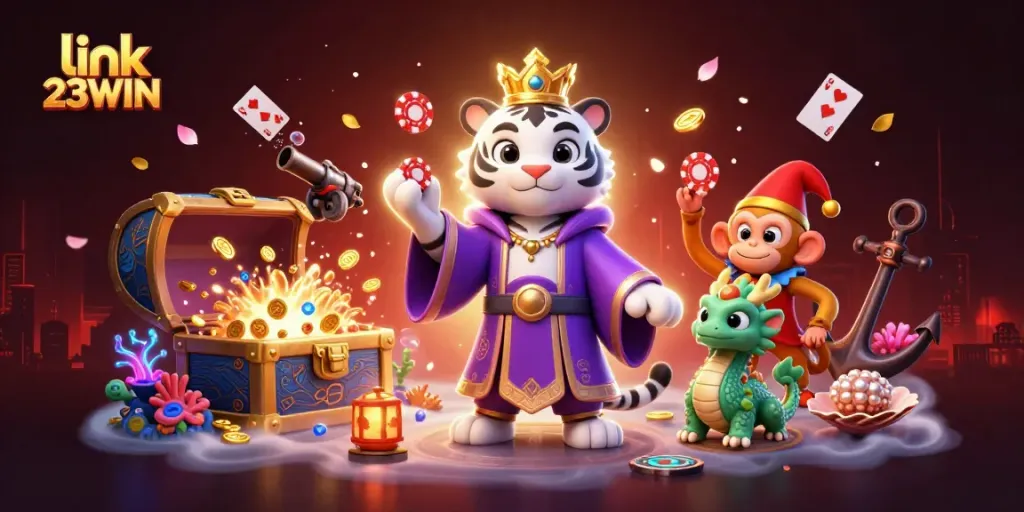 Experience excitement with link 23WIN as a sophisticated tiger and playful monkey enhance your gaming adventure.