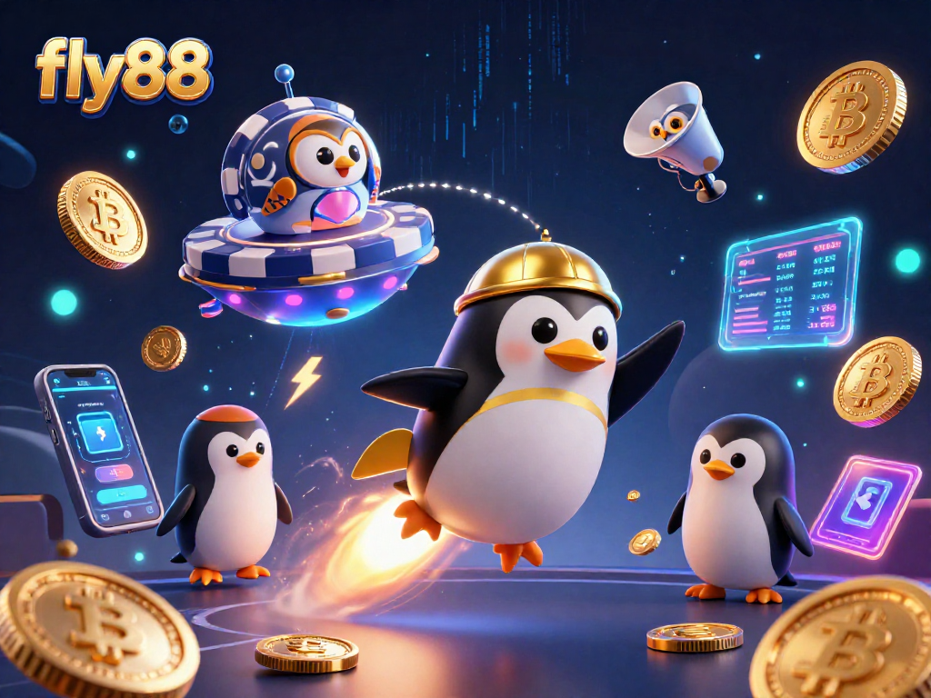 Experience exhilarating wins at fly88, featuring a penguin in space directing golden coins towards a dazzling casino chip.