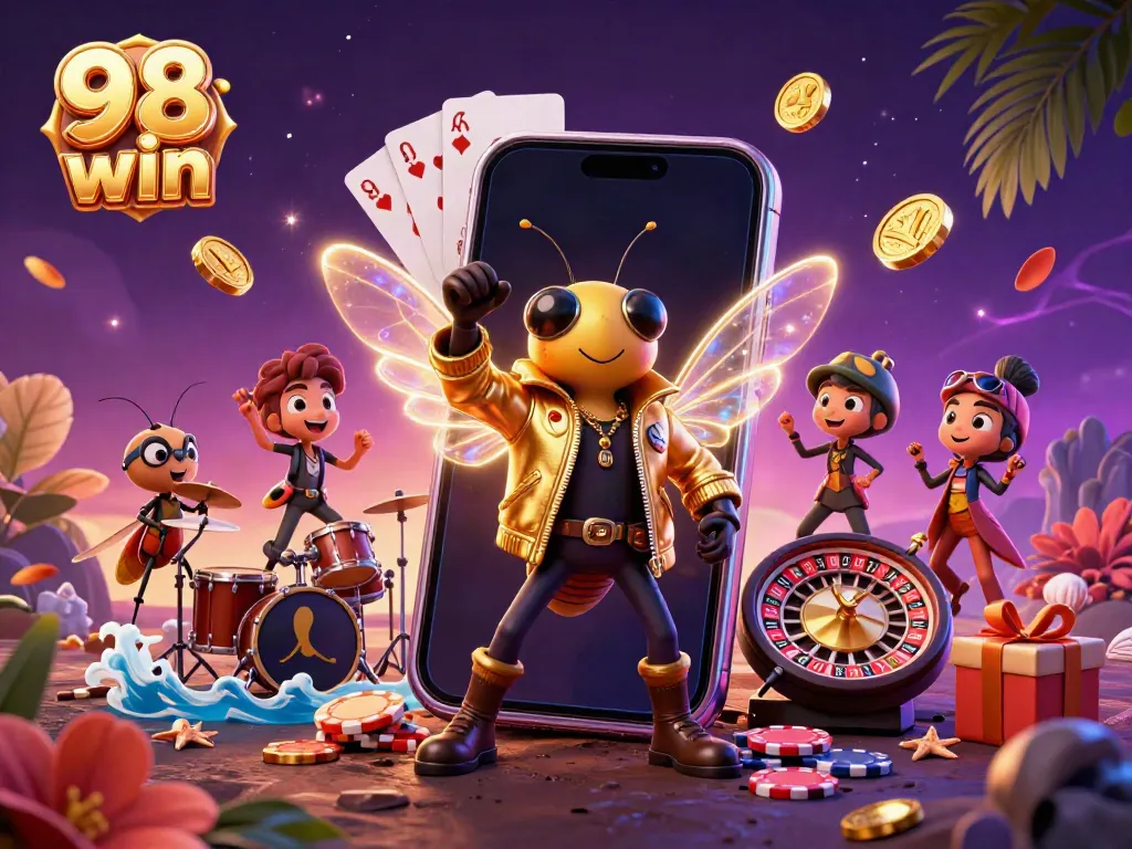 Engage with 98 win in this vibrant casino scene showcasing exciting slots and gaming elements.