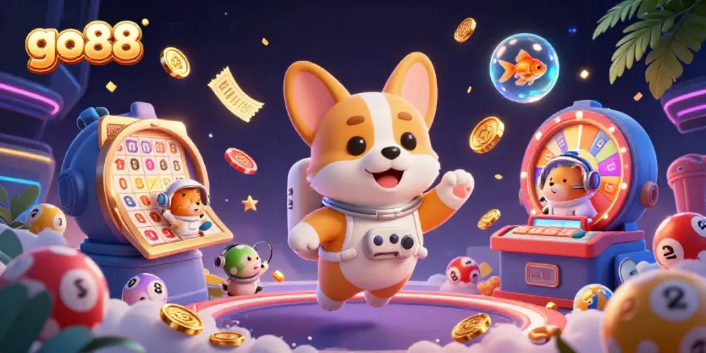 Engage in exciting games at go88, featuring a lively casino scene with colorful lottery elements.