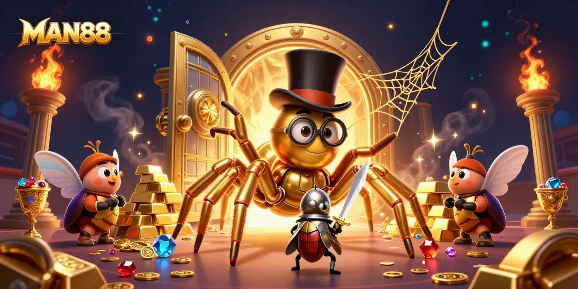 Experience the excitement at MAN88 with a dynamic casino scene featuring a giant golden tarantula, beetle knight, and treasure!
