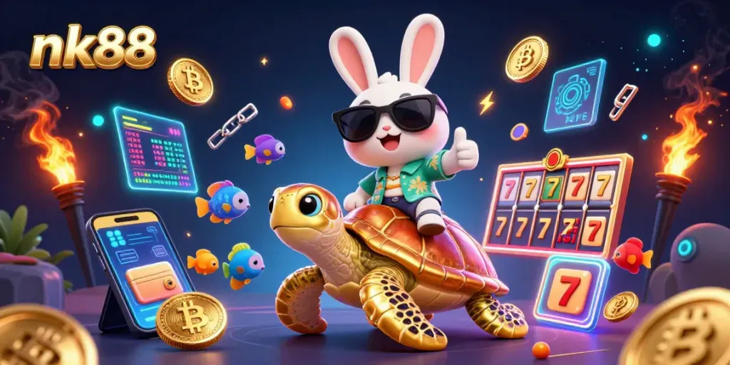 Spin to win with nk88 in this vibrant 3D casino scene featuring lucky characters and exciting slot game elements.