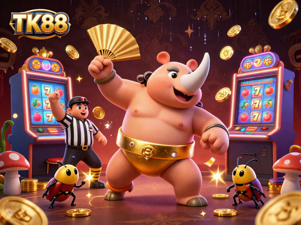 Engage with TK88’s thrilling gaming scene featuring a sumo beetle champion amidst flying coins and slot machines.