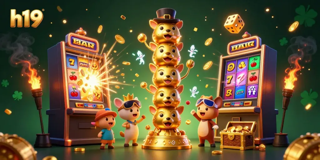 Experience the excitement of h19 with a vibrant casino scene featuring a golden totem pole, jackpot slot machine, and lively game elements.