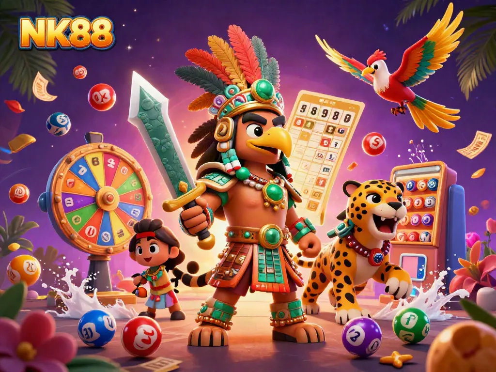 Participate in thrilling NK88 casino games as the Aztec warrior eagles face colorful lottery balls.