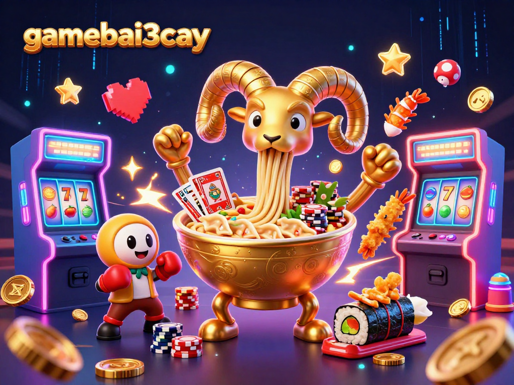 gamebai3cay showcases a colorful casino scene with a golden ramen bowl dealer and vibrant game elements.