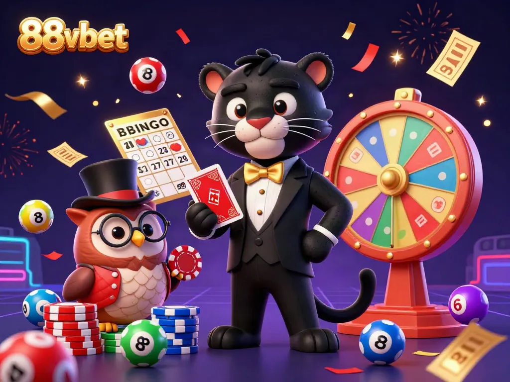 Join the excitement at 88vbet with a stylish black panther dealing cards among colorful lottery and casino elements in a vibrant scene.