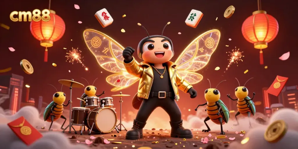 Experience cm88 with a vibrant 3D scene showcasing a cicada rock star and festive casino elements.