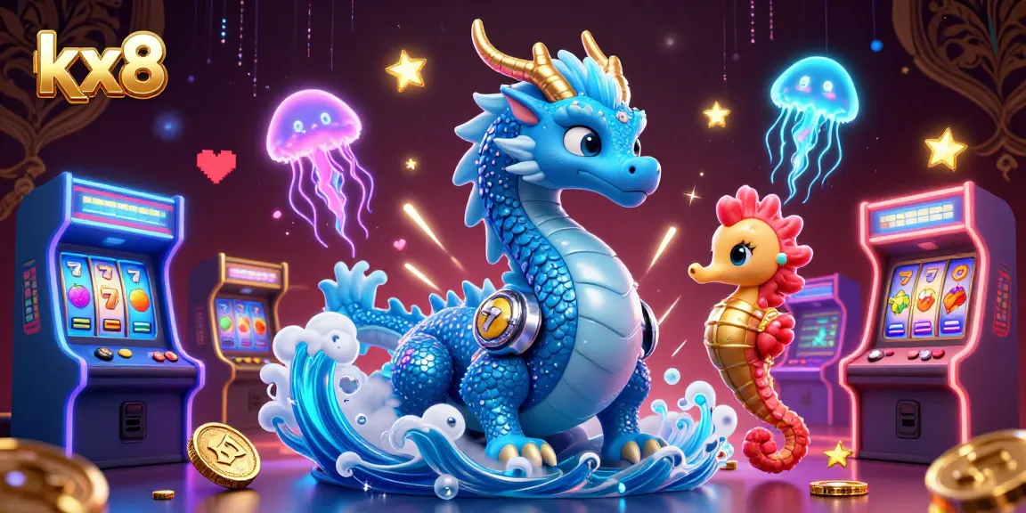 Kx8 presents a vibrant casino scene featuring a dragon, seahorse knight, and neon jellyfish, enhancing gaming excitement.