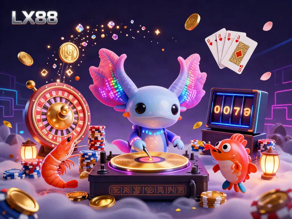 Witness the vibrant LX88 gaming experience with a neon axolotl DJ and playful sea creatures surrounded by casino magic.