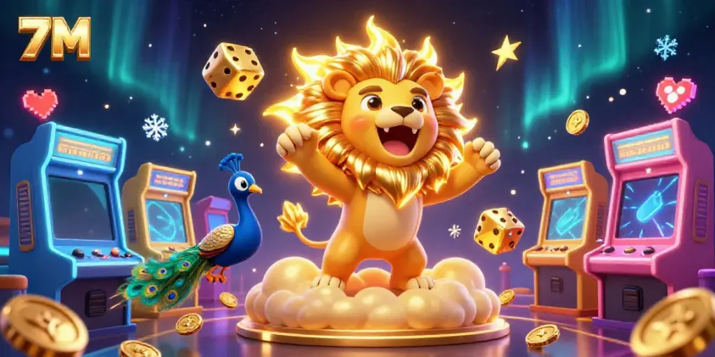 Engage in thrilling casino action with vibrant 7M gaming elements and a roaring lion emblem, symbolizing victory.