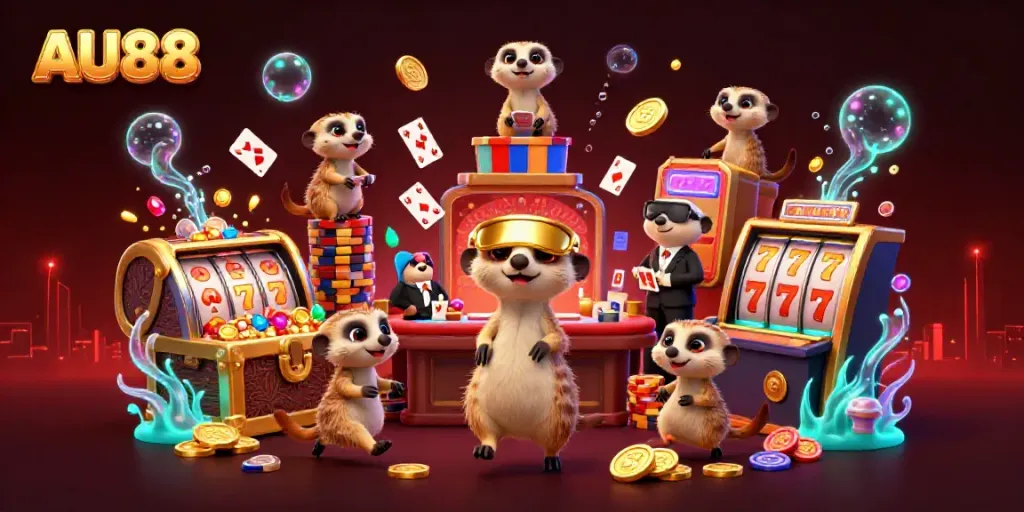 Engage in the vibrant world of AU88 through a lively 3D casino scene with meerkats and dynamic game elements.