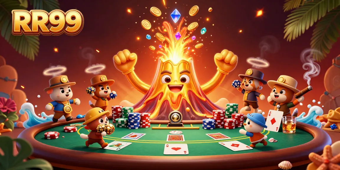 Experience the excitement of RR99 with a vibrant illustration showcasing gaming treasures and thrilling action.