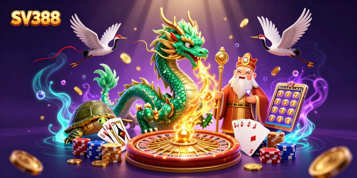 Engage with SV388 in this vibrant fantasy scene of a jade dragon, turtle sage, and lucky cranes.