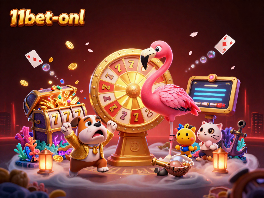 Celebrate wins with 11bet-onl in a vibrant, dynamic casino scene featuring a flamingo host and gaming elements.